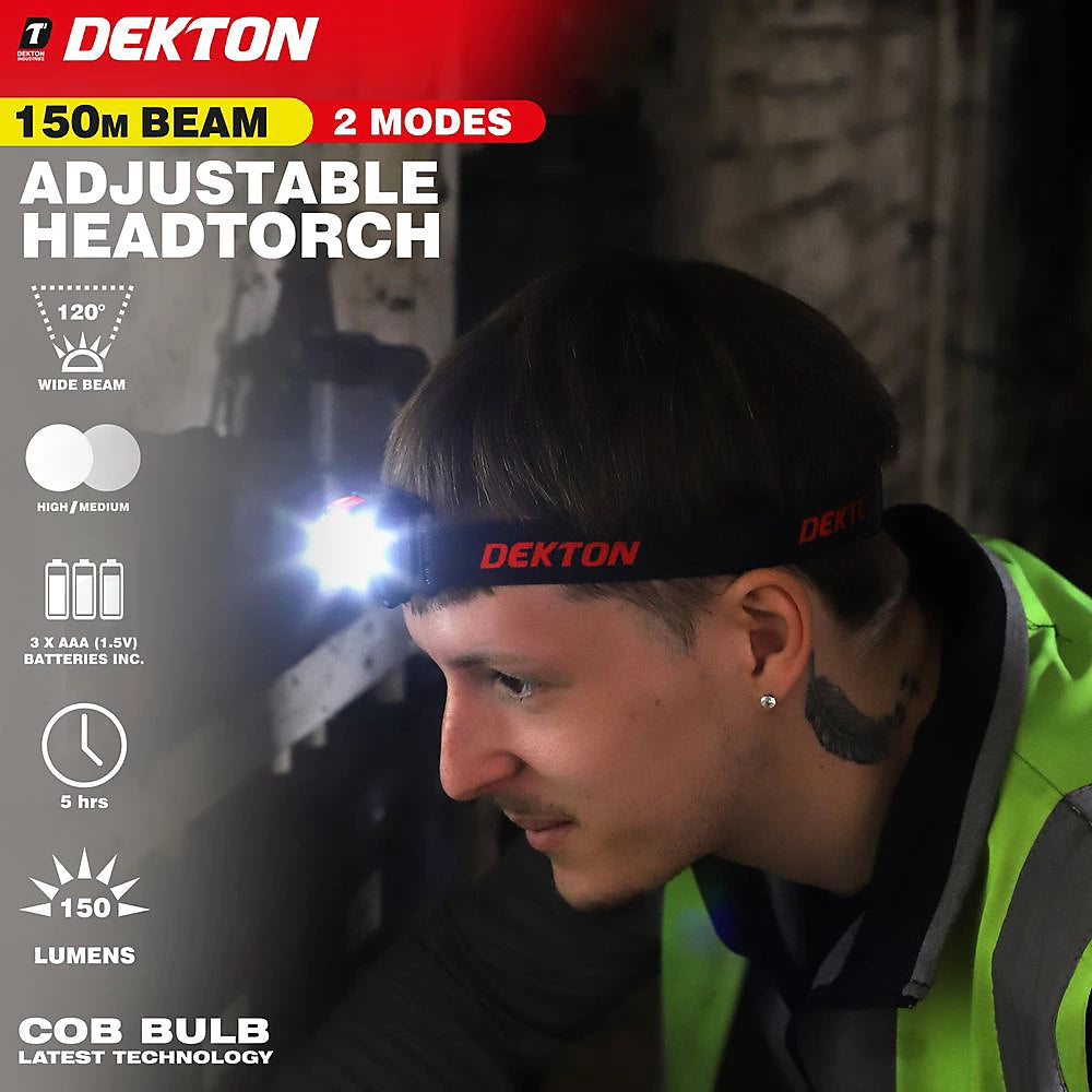 Dekton COB LED Head Light Torch Headlamp 150 Lumens 150M & Batteries