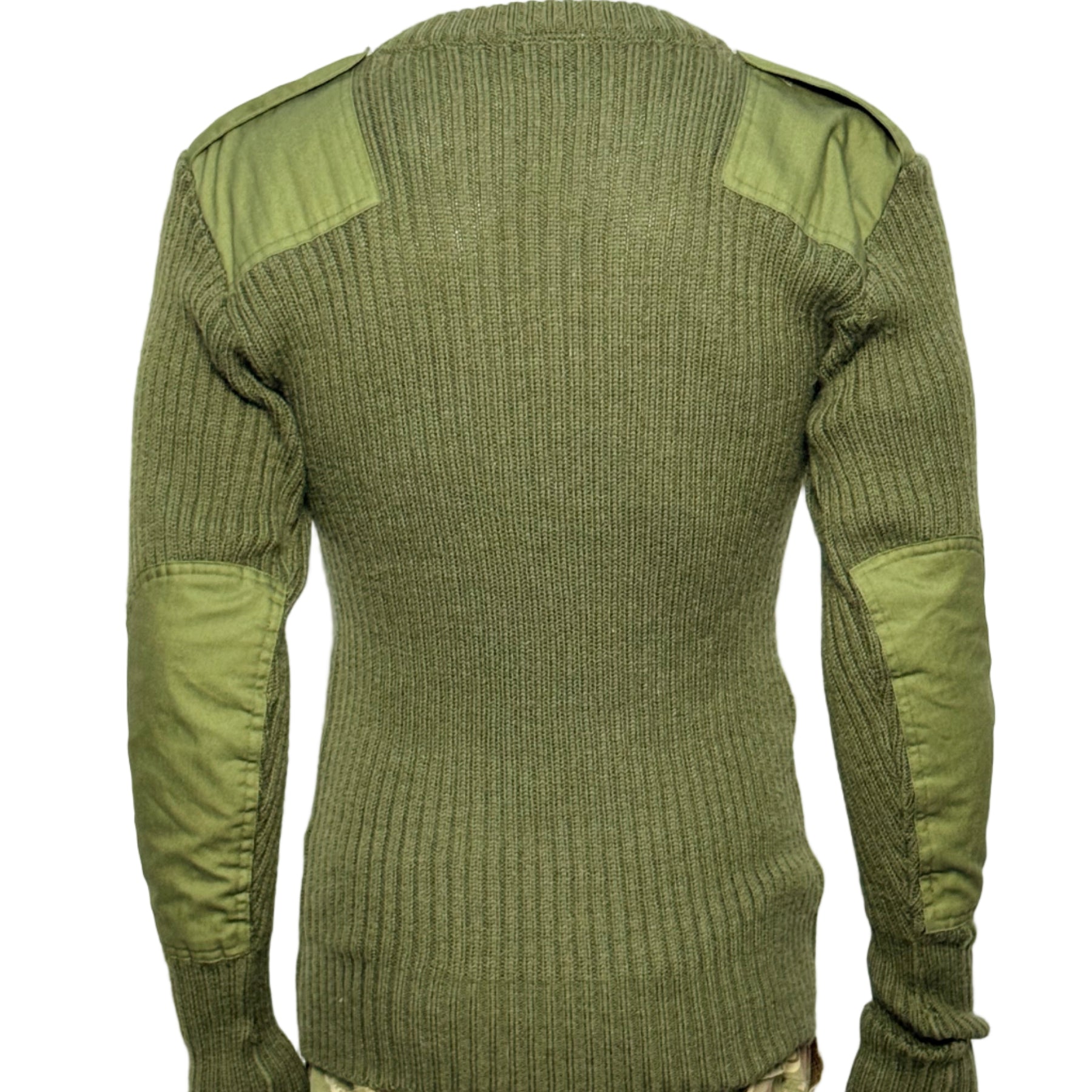 Green military-style wool jumper with patch details on a white background
